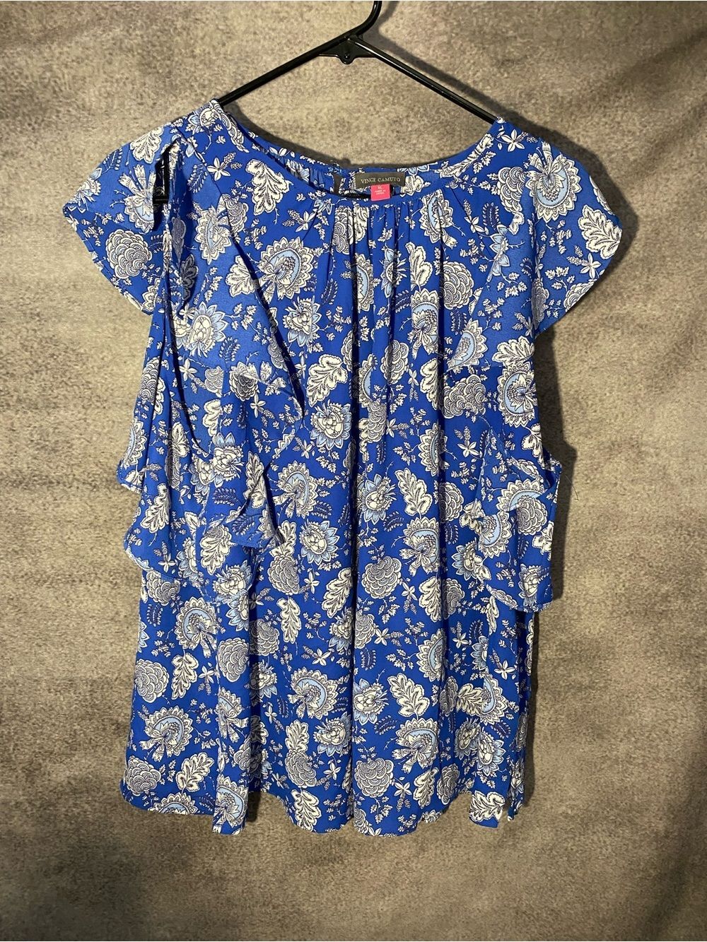 Vince Camuto Blue White Floral Paisley Flutter Sleeve Ruffle Top Blouse XL